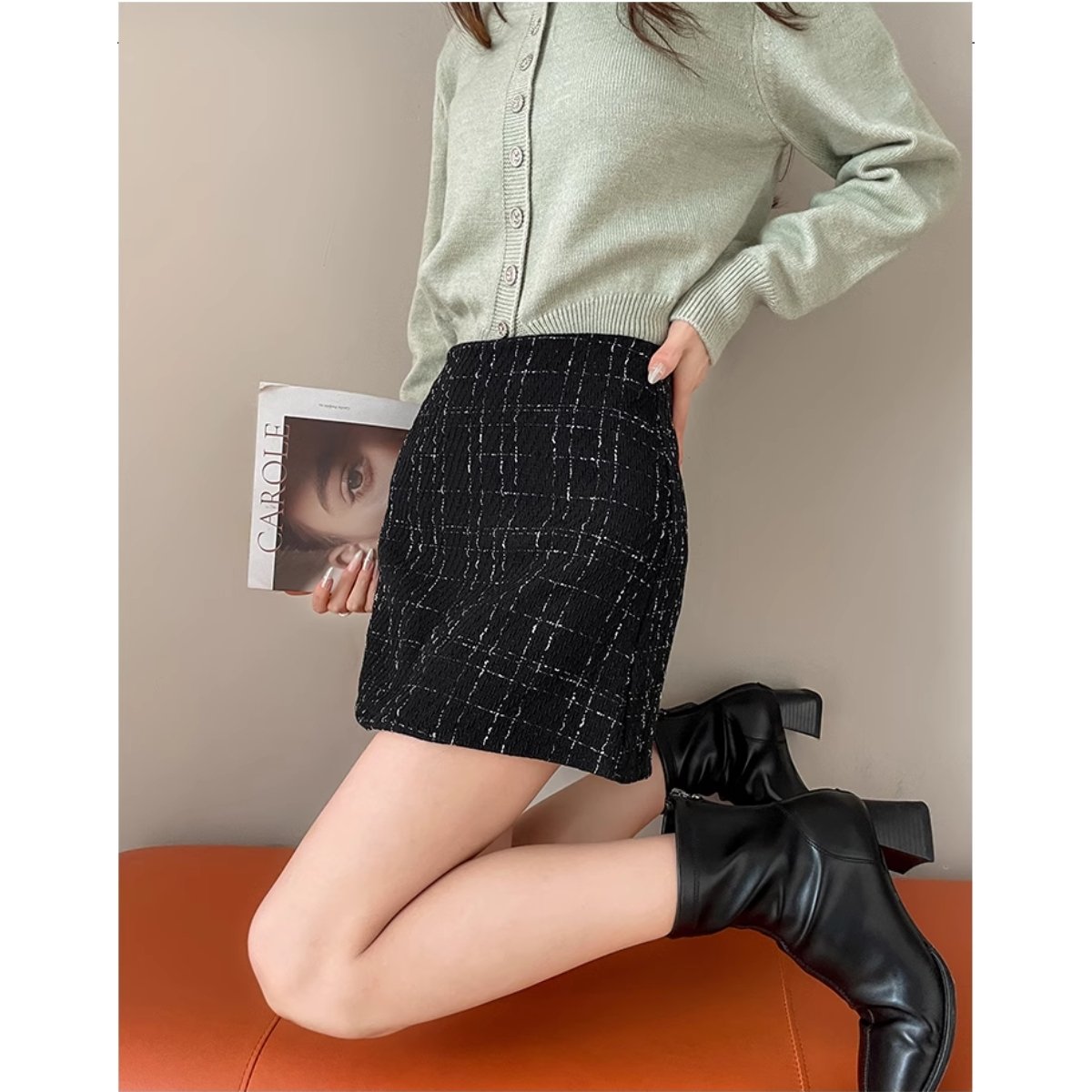 Scott Tweed Skirt กระโปรงลายสก๊อต เอวสูง ผ้าทวีตหนานุ่ม