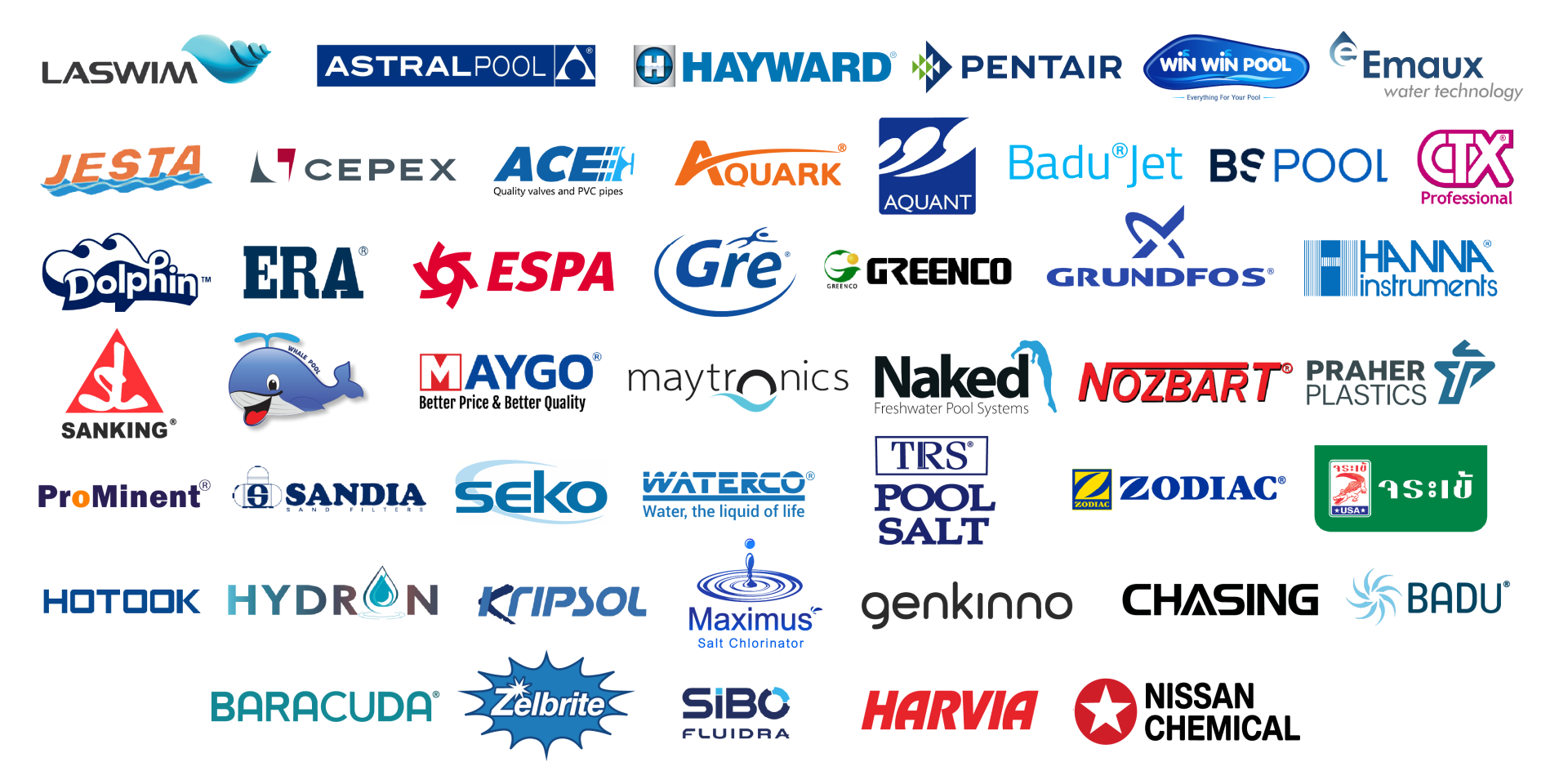 แบรนด์ที่จัดจำหน่าย: Laswim, AstralPool, Hayward, Pentair, Emaux, Jesta, Zodiac, Maytronics, Grundfos, Hanna Instruments และอื่น ๆ