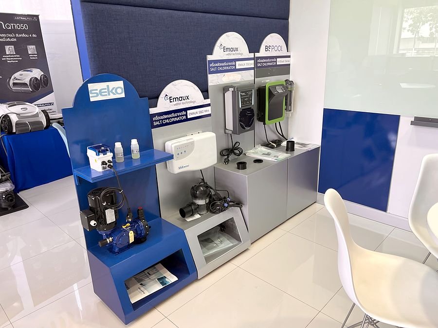 Display shelves for salt chlorinators and control equipment