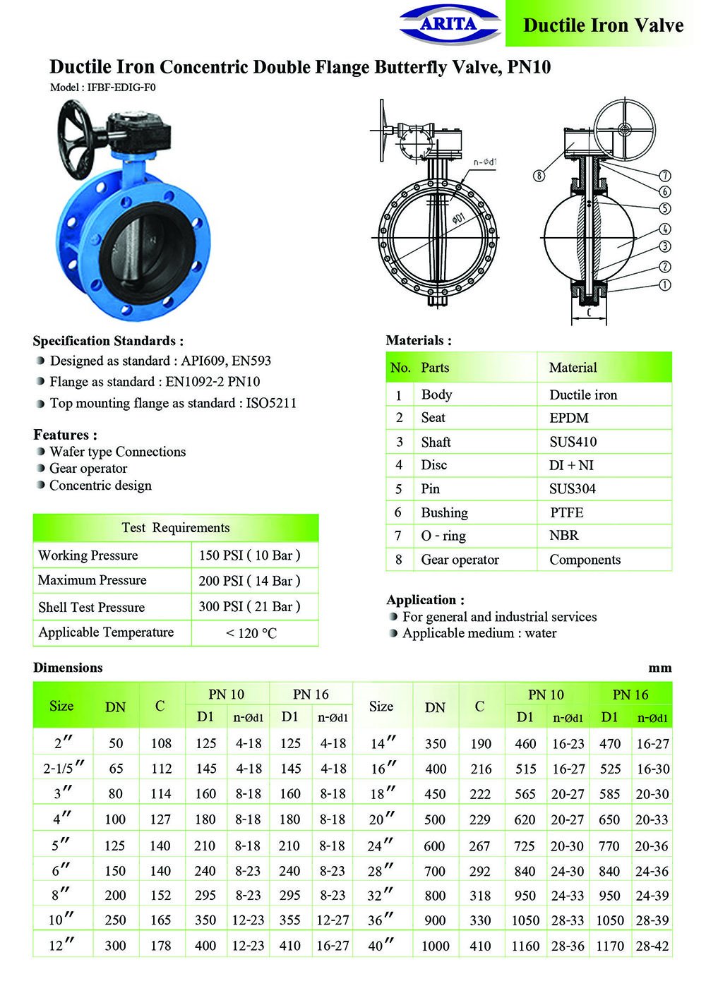 Ductile Iron Concentric Double Flange Butterfly Valve, PN10