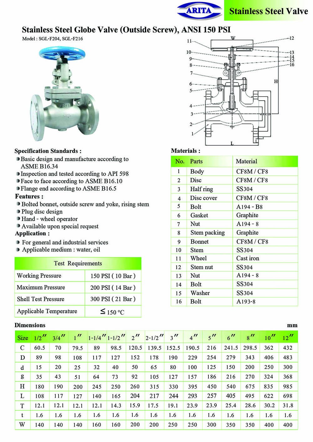 Stainless Steel Globe Valve, ANSI 150 PSI