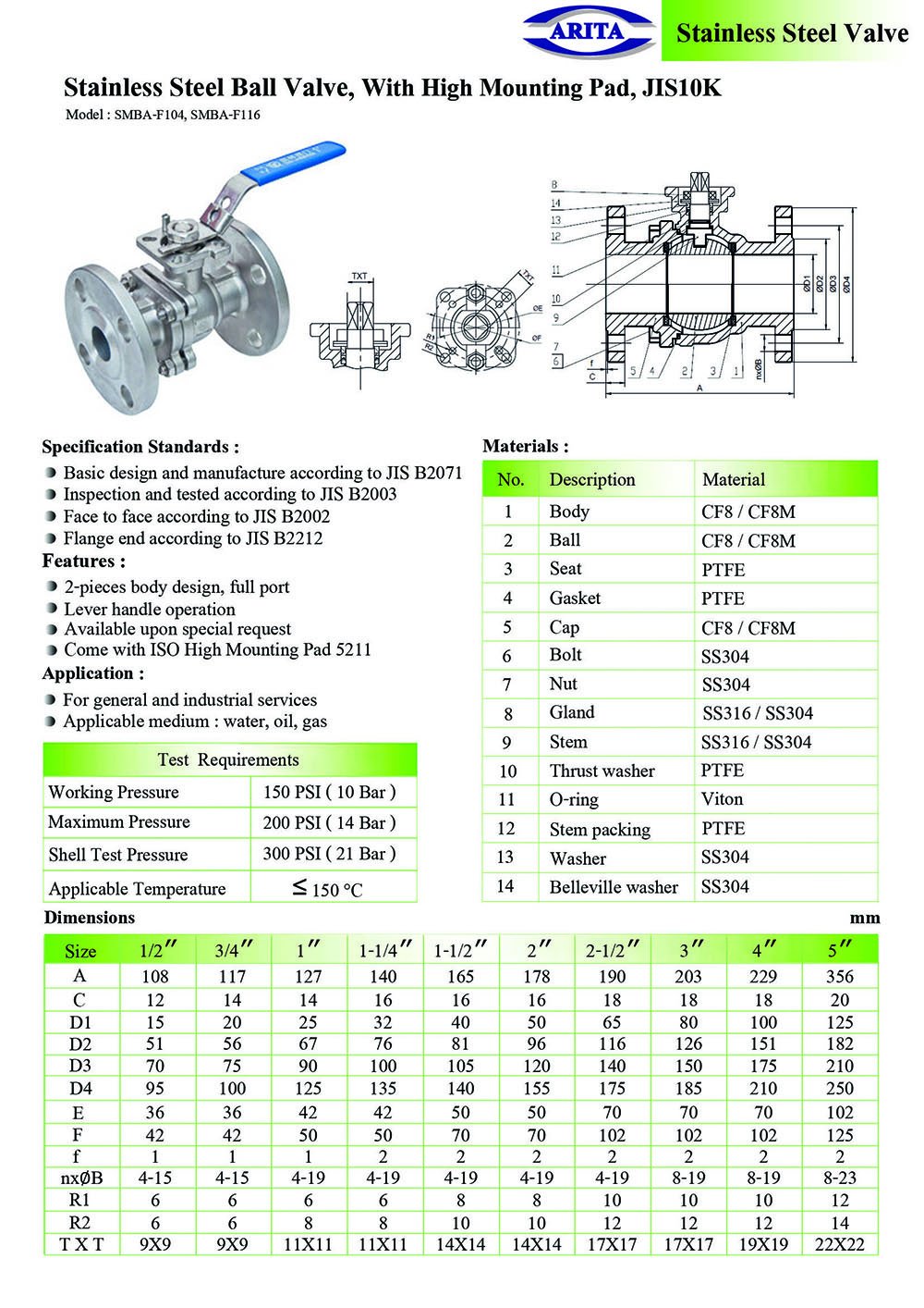 Stainless Steel Ball Valve, With High Mounting Pad, JIS10K