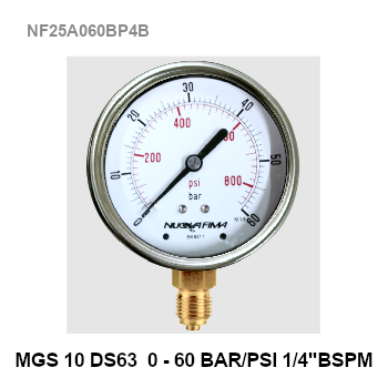 0-60Bar (0-840 PSI) Ø 2.5" Brass Lower BSPM