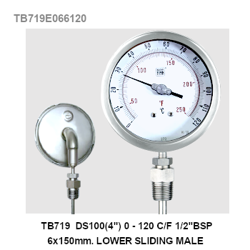 TB719 DS100(4") 0-120C/F 1/2" BSP 6x150mm Lower Sliding Male