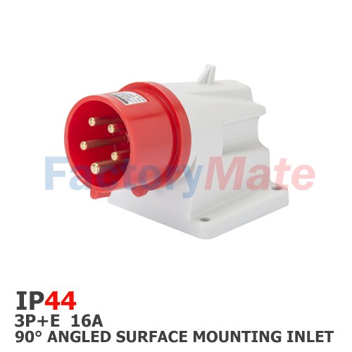 GW60408  90° ANGLED SURFACE MOUNTING INLET - IP44 - 3P+E 16A 380-415V 50/60HZ - RED - 6H - SCREW WIRING