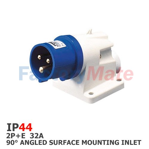 GW60415  90° ANGLED SURFACE MOUNTING INLET - IP44 - 2P+E 32A 200-250V 50/60HZ - BLUE - 6H - SCREW WIRING