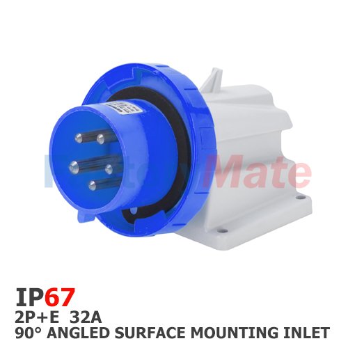 GW60437  90° ANGLED SURFACE MOUNTING INLET - IP67 - 2P+E 32A 200-250V 50/60HZ - BLUE - 6H - SCREW WIRING