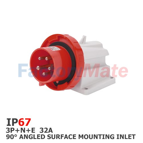 GW60442  90° ANGLED SURFACE MOUNTING INLET - IP67 - 3P+N+E 32A 380-415V 50/60HZ - RED - 6H - SCREW WIRING
