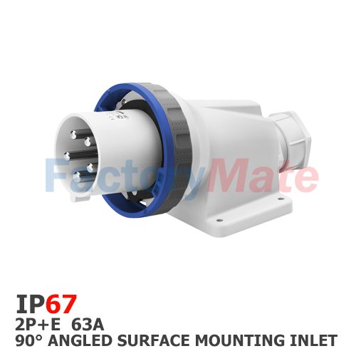 GW61448  90° ANGLED SURFACE MOUNTING INLET - IP67 - 2P+E 63A 200-250V 50/60HZ - BLUE - 6H - MANTLE TERMINAL