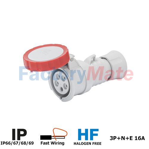 GW62031FH  STRAIGHT CONNECTOR HP - IP66/IP67/IP68/IP69 - 3P+N+E 16A 380-415V 50/60HZ - RED - 6H - FAST WIRING