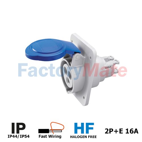 GW62205FH 10° ANGLED FLUSH-MOUNTING SOCKET-OUTLET HP - IP44/IP54 - 2P+E 16A 200-250V 50/60HZ - BLUE - 6H - FAST WIRING