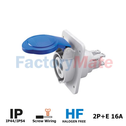 GW62205H 10° ANGLED FLUSH-MOUNTING SOCKET-OUTLET HP - IP44/IP54 - 2P+E 16A 200-250V 50/60HZ - BLUE - 6H - SCREW WIRING