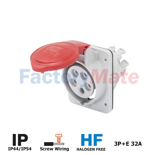 GW62221FH  10° ANGLED FLUSH-MOUNTING SOCKET-OUTLET HP - IP44/IP54 - 3P+N+E 32A 380-415V 50/60HZ - RED - 6H - FAST WIRING