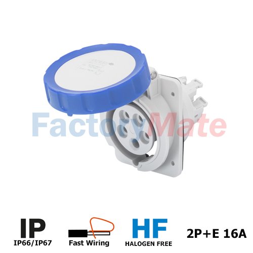 GW62227FH 10° ANGLED FLUSH-MOUNTING SOCKET-OUTLET HP - IP66/IP67 - 2P+E 16A 200-250V 50/60HZ - BLUE - 6H - FAST WIRING