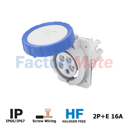 GW62227H 10° ANGLED FLUSH-MOUNTING SOCKET-OUTLET HP - IP66/IP67 - 2P+E 16A 200-250V 50/60HZ - BLUE - 6H - SCREW WIRING