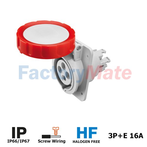 GW62231H  10° ANGLED FLUSH-MOUNTING SOCKET-OUTLET HP - IP66/IP67 - 3P+E 16A 380-415V 50/60HZ - RED - 6H - SCREW WIRING
