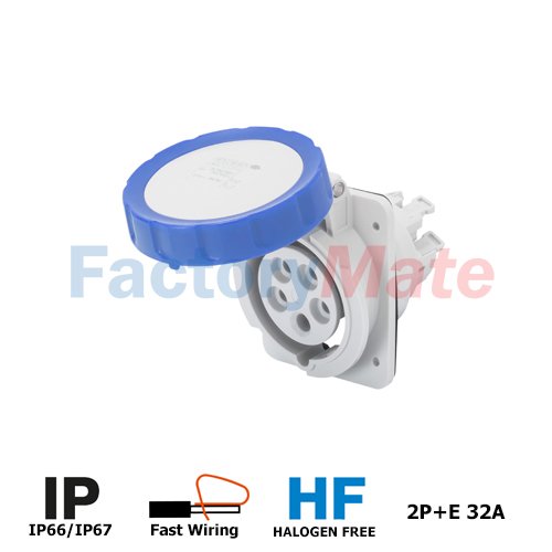 GW62238FH   10° ANGLED FLUSH-MOUNTING SOCKET-OUTLET HP - IP66/IP67 - 2P+E 32A 200-250V 50/60HZ - BLUE - 6H - FAST WIRING