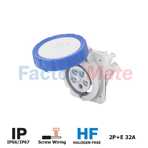 GW62238H   10° ANGLED FLUSH-MOUNTING SOCKET-OUTLET HP - IP66/IP67 - 2P+E 32A 200-250V 50/60HZ - BLUE - 6H - SCREW WIRING