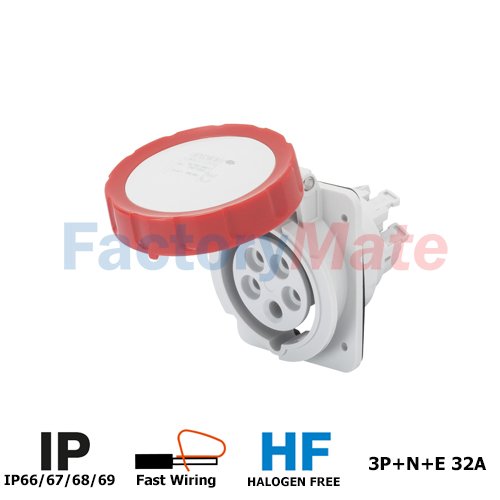 GW62243FH  10° ANGLED FLUSH-MOUNTING SOCKET-OUTLET HP - IP66/IP67 - 3P+N+E 32A 380-415V 50/60HZ - RED - 6H - FAST WIRING