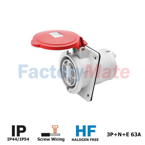 GW63221H   10° ANGLED FLUSH-MOUNTING SOCKET-OUTLET HP - IP44/IP54 - 3P+N+E 63A 346-415V 50/60HZ - RED - 6H - MANTLE TERMINAL