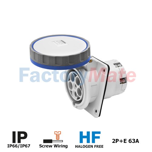 GW63249PH  10° ANGLED FLUSH-MOUNTING SOCKET-OUTLET HP - IP66/IP67 - 2P+E 63A 200-250V 50/60HZ - BLUE - 6H - PILOT CONTACT - MANTLE TERMINAL