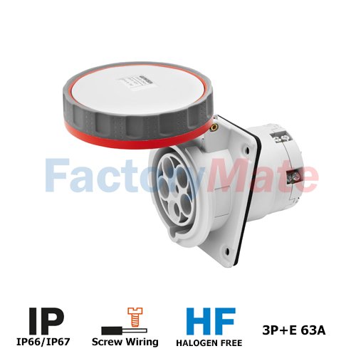 GW63253PH  10° ANGLED FLUSH-MOUNTING SOCKET-OUTLET HP - IP66/IP67 - 3P+E 63A 380-415V 50/60HZ - RED - 6H - PILOT CONTACT - MANTLE TERMINAL