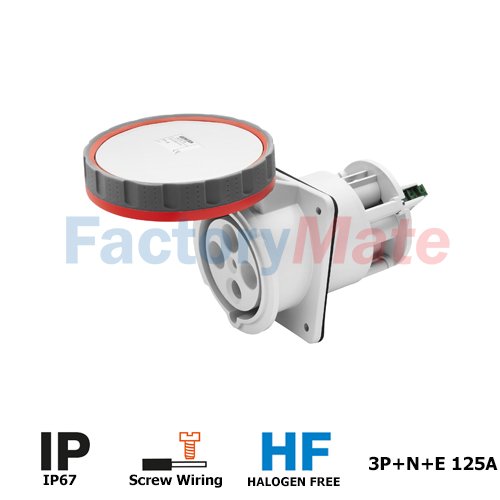 GW68786  10° ANGLED FLUSH-MOUNTING SOCKET-OUTLET - IP67 - 3P+N+E 125A 380-415V 50/60HZ - RED - 6H - WITH CLEAN CONTACT