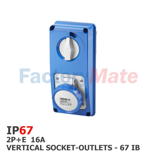 GW66204N VERTICAL FIXED INTERLOCKED SOCKET OUTLET - WITH BOTTOM - WITHOUT FUSE-HOLDER BASE - 2P+E 16A 200-250V - 50/60HZ 6H - IP67