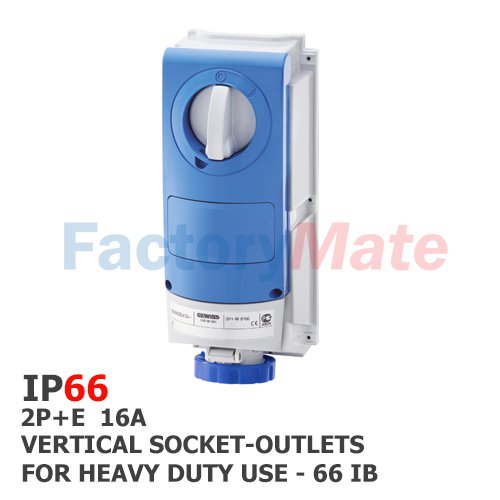 GW66504  VERTICAL FIXED INTERLOCKED SOCKET OUTLET - WITH BOTTOM - WITHOUT FUSE-HOLDER BASE - FOR HEAVY-DUTY USE - 2P+E 16A 200 - 250V - 50/60HZ 6H - IP66