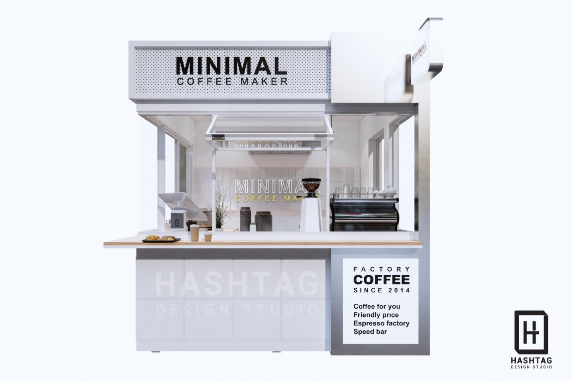 งานออกแบบคีออสร้านกาแฟ Minimal Coffee ขนาด 2.5 x 3 เมตร  l บริการออกแบบ ผลิต และติดตั้งครบวงจร