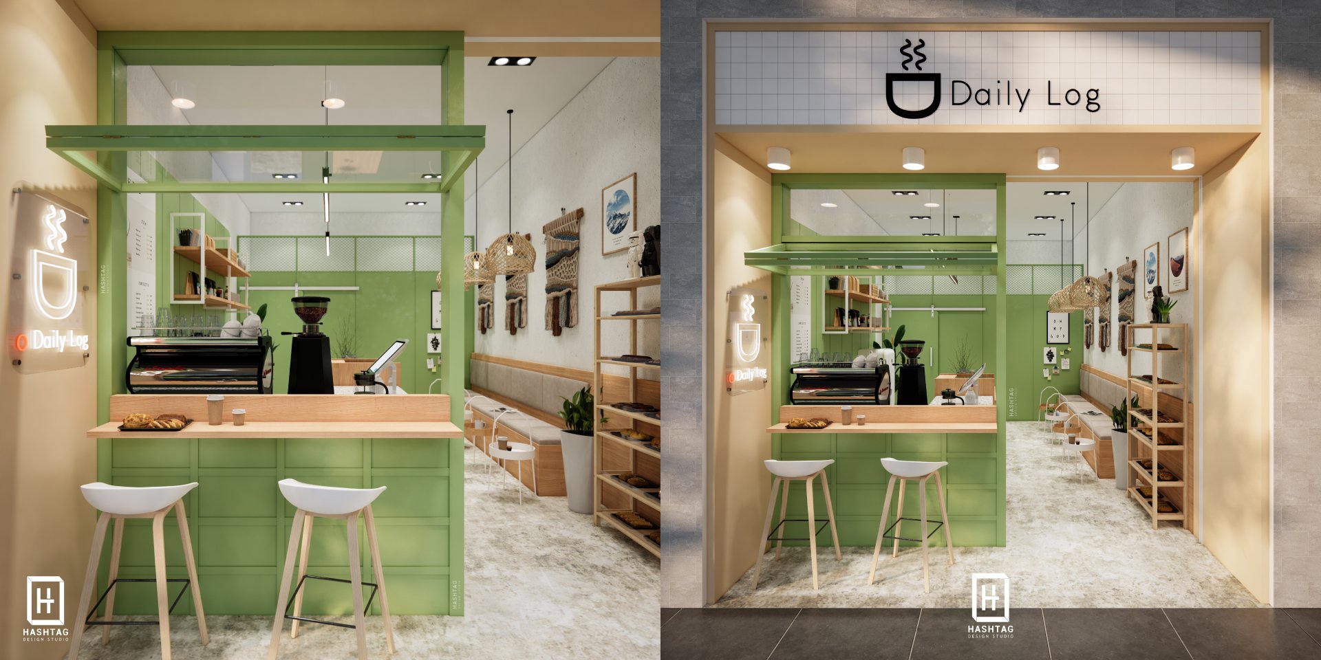 งานออกแบบร้านกาแฟ เบเกอรี่ Daily Log ร้านกาแฟโทนสีเขียว L บริการออกแบบ ผลิต  และติดตั้งครบวงจร - Hashtagstudio-Design