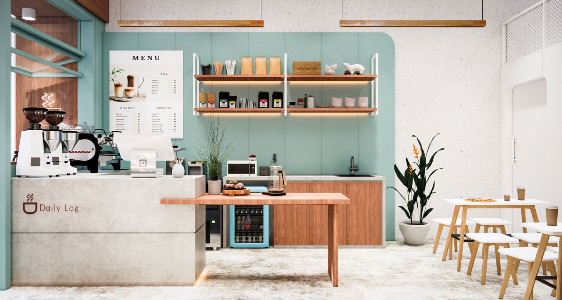 งานออกแบบร้านกาแฟ เบเกอรี่ DAILY LOG ร้านกาแฟโทนสีเขียว l บริการออกแบบ ...