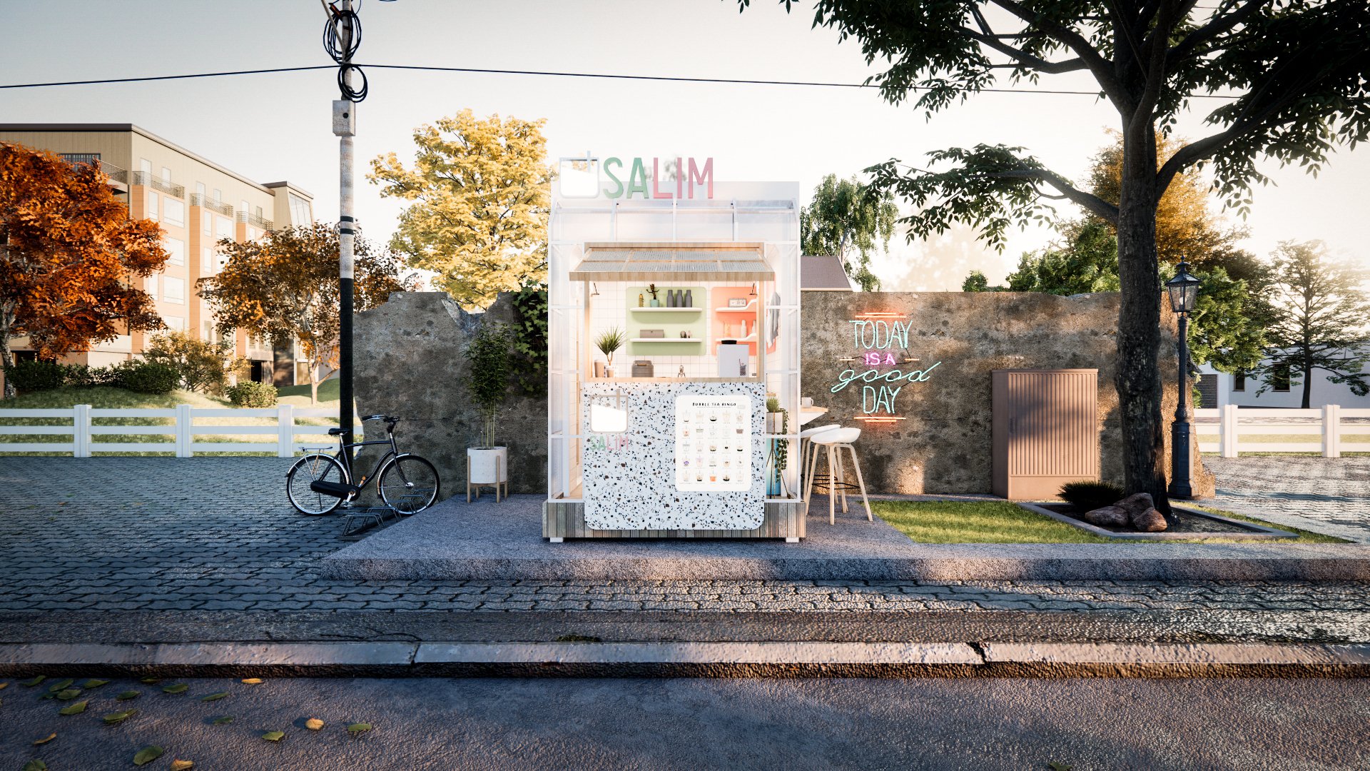 งานออกแบบคีออส ออกแบบร้านค้า Kiosk ร้านขายชานมไข่มุก เพื่อสุขภาพ “Salim” ที่เป็นชื่อของขนมหวาน 