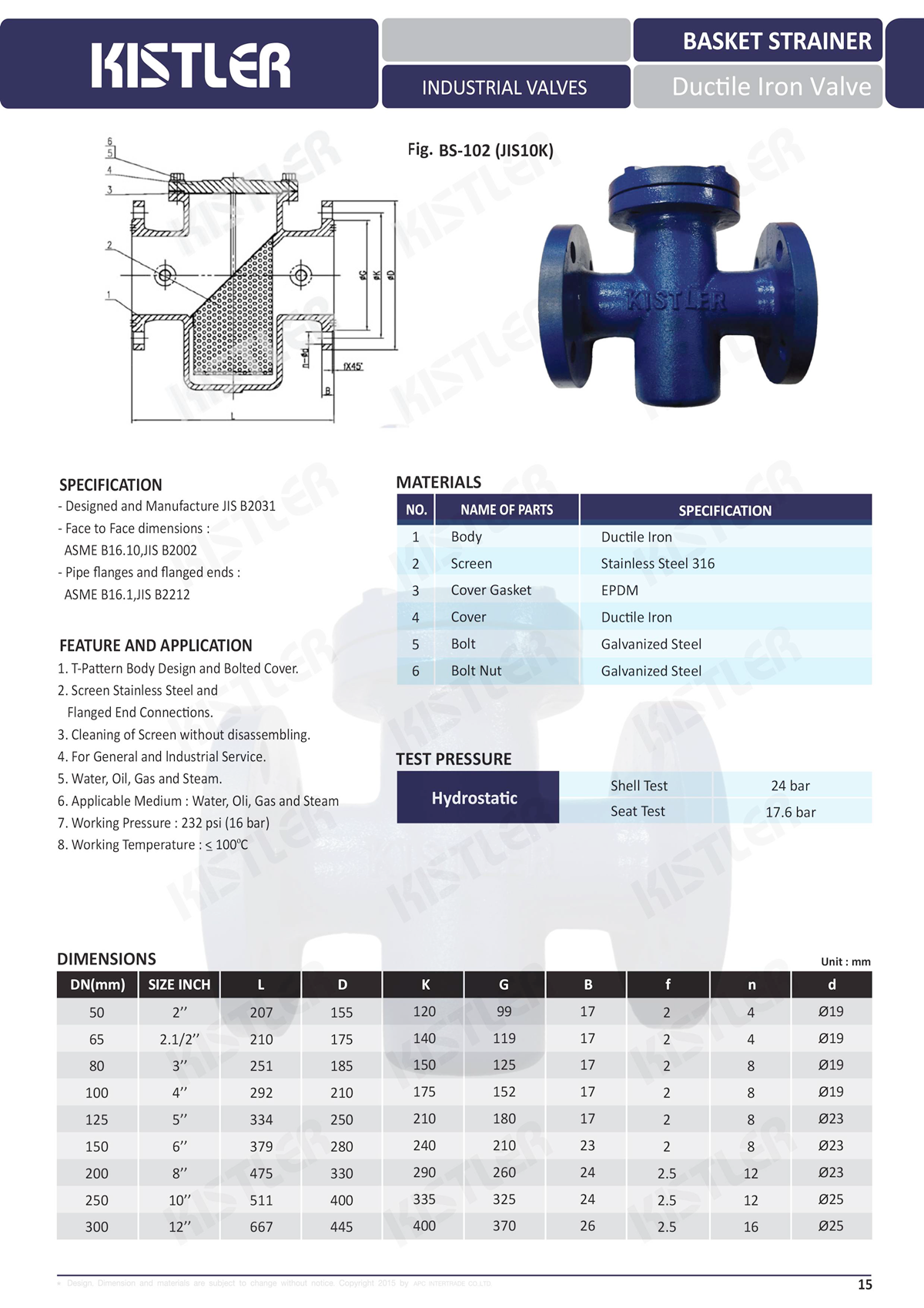 KISTLER BS BASKET STRAINER DUCTILE IRON VALVE pneuma
