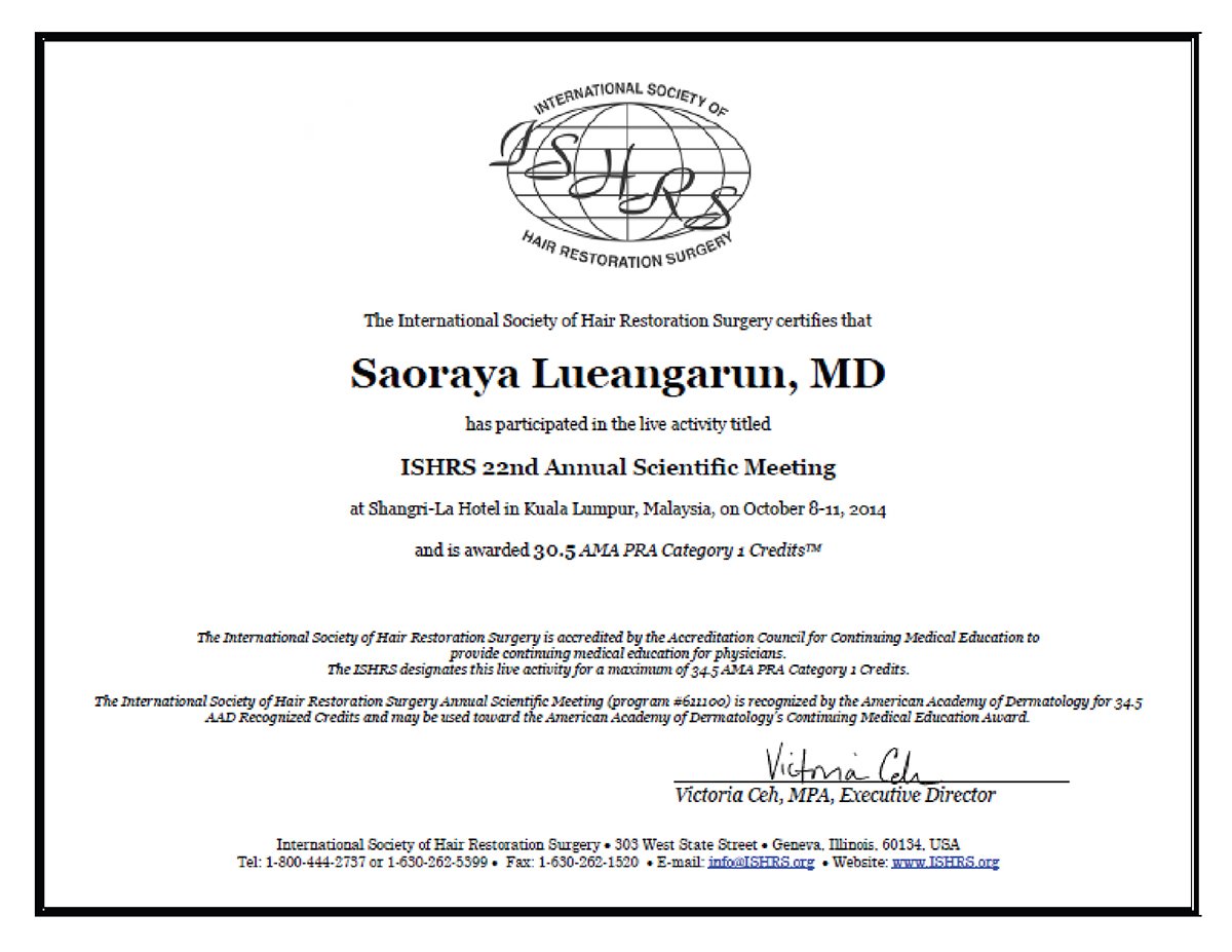 Certificate of ISHRS 22nd Annual Scientific Meeting