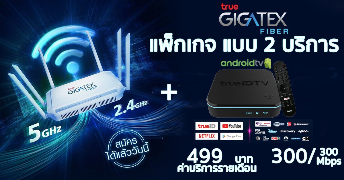 แพ็คเกจ 2 บริการ อินเตอร์เน็ต พร้อมกล่องทีวี 