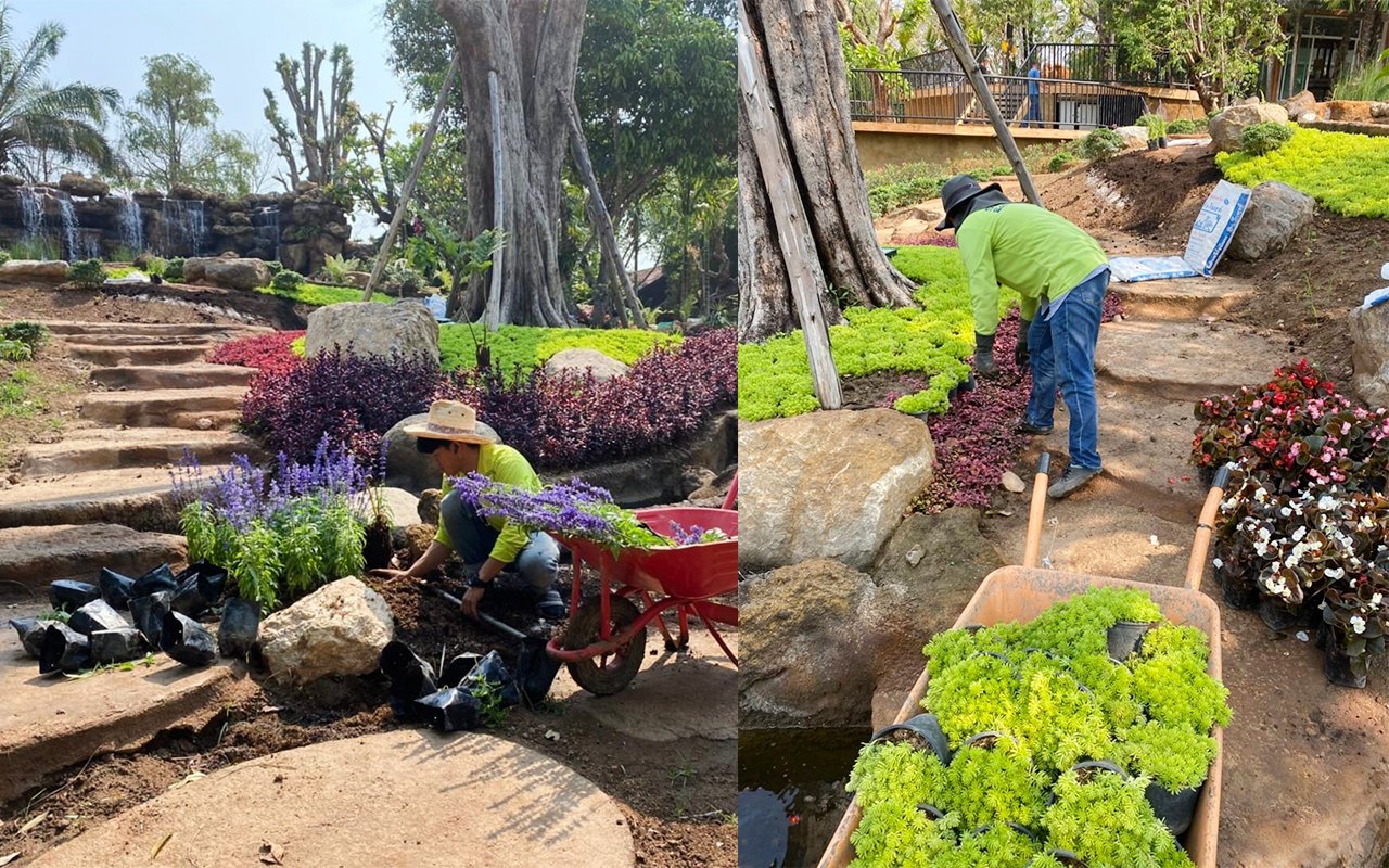 น้ำตกในสวน ร้านกาแฟ น้ำตกหินเทียม รับจัดสวน เชียงใหม่ พัทยา ชลบุรี landscape design