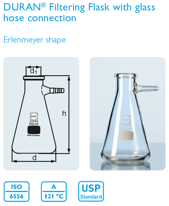 Filtering flask with glass hose connection 500 mL