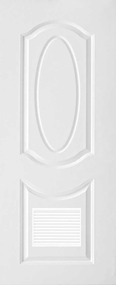 ประตูUPVC ผิวหน้าลายไม้ สีขาว บานลูกฟัก 2 ช่องโค้ง+เจาะเกล็ดล่าง 1/4