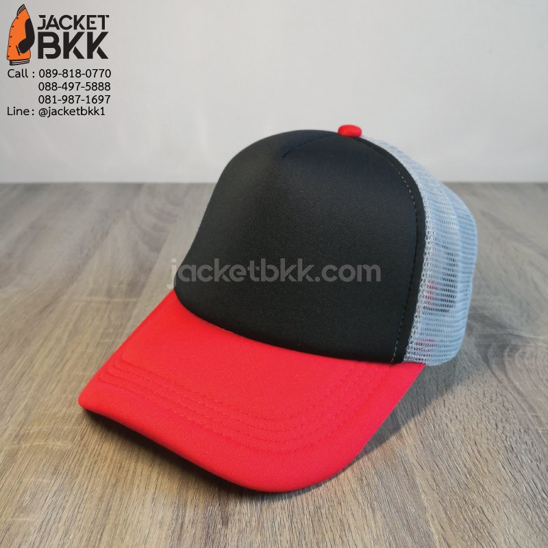 หมวกแก๊ปตาข่ายครึ่งใบ สีดำเทาปีกหมวกสีแดง