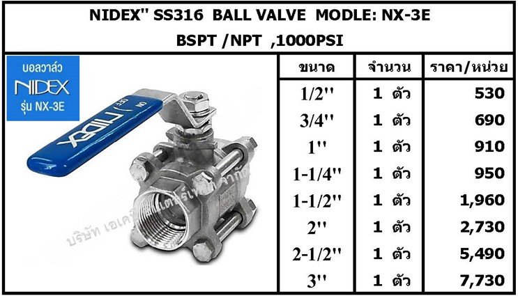 NIDEX'' SS316  BALL VALVE  MODLE: NX-3E