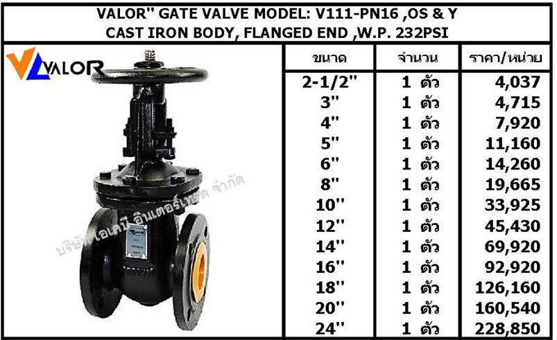 VALOR'' GATE VALVE MODEL: V111-PN16 ,OS & Y  **มีสินค้า