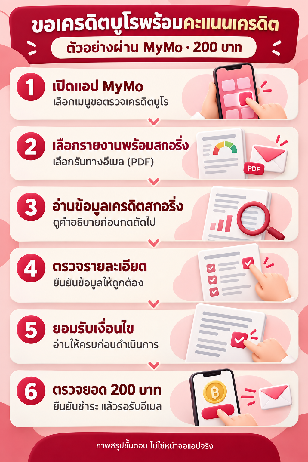 ภาพสรุป 6 ขั้นตอนขอเครดิตบูโรพร้อมคะแนนเครดิตผ่าน MyMo ค่าบริการ 200 บาท