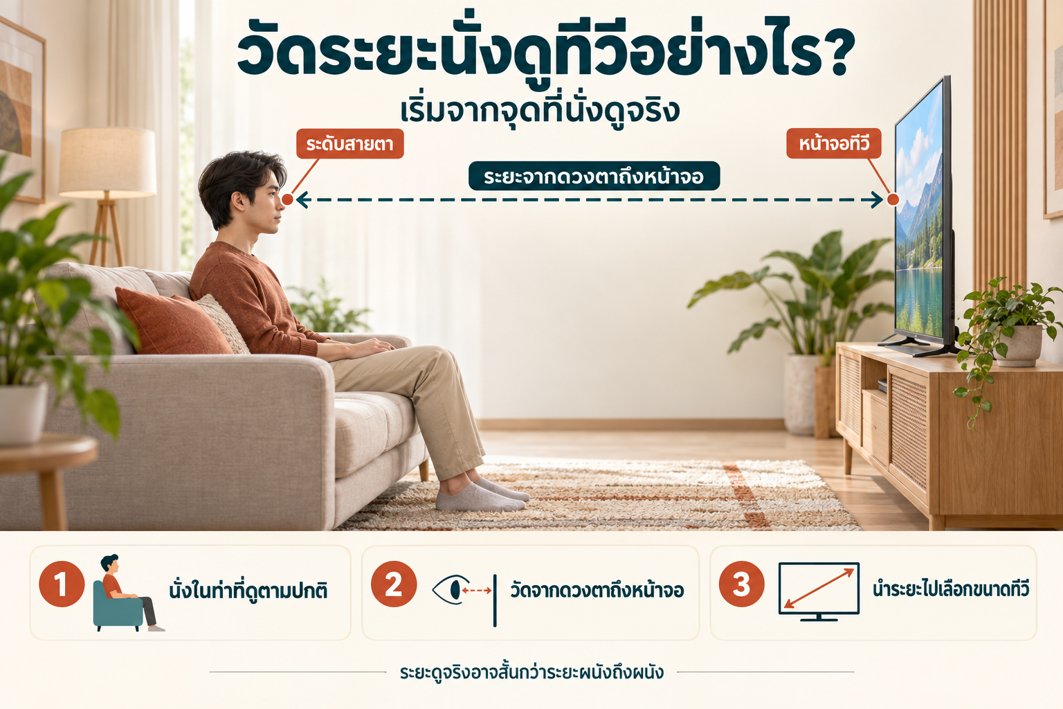 ภาพห้องนั่งเล่นสามขนาด เปรียบเทียบทีวี 55 นิ้วที่ระยะ 1.72.2 เมตร ทีวี 65 นิ้วที่ระยะ 2.02.6 เมตร และทีวี 75 นิ้วที่ระยะ 2.33.0 เมตร