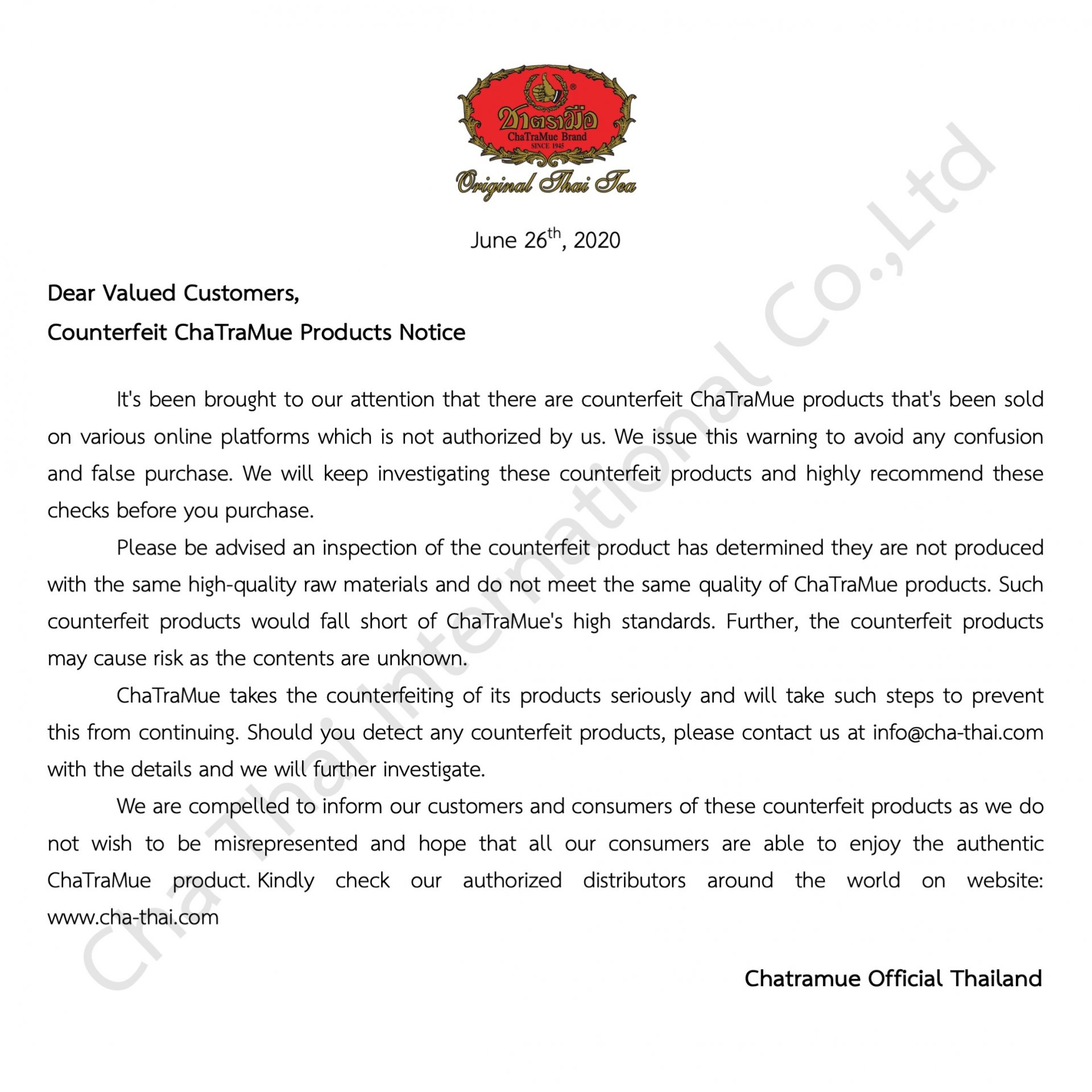 Counterfeit ChaTraMue Products Notice