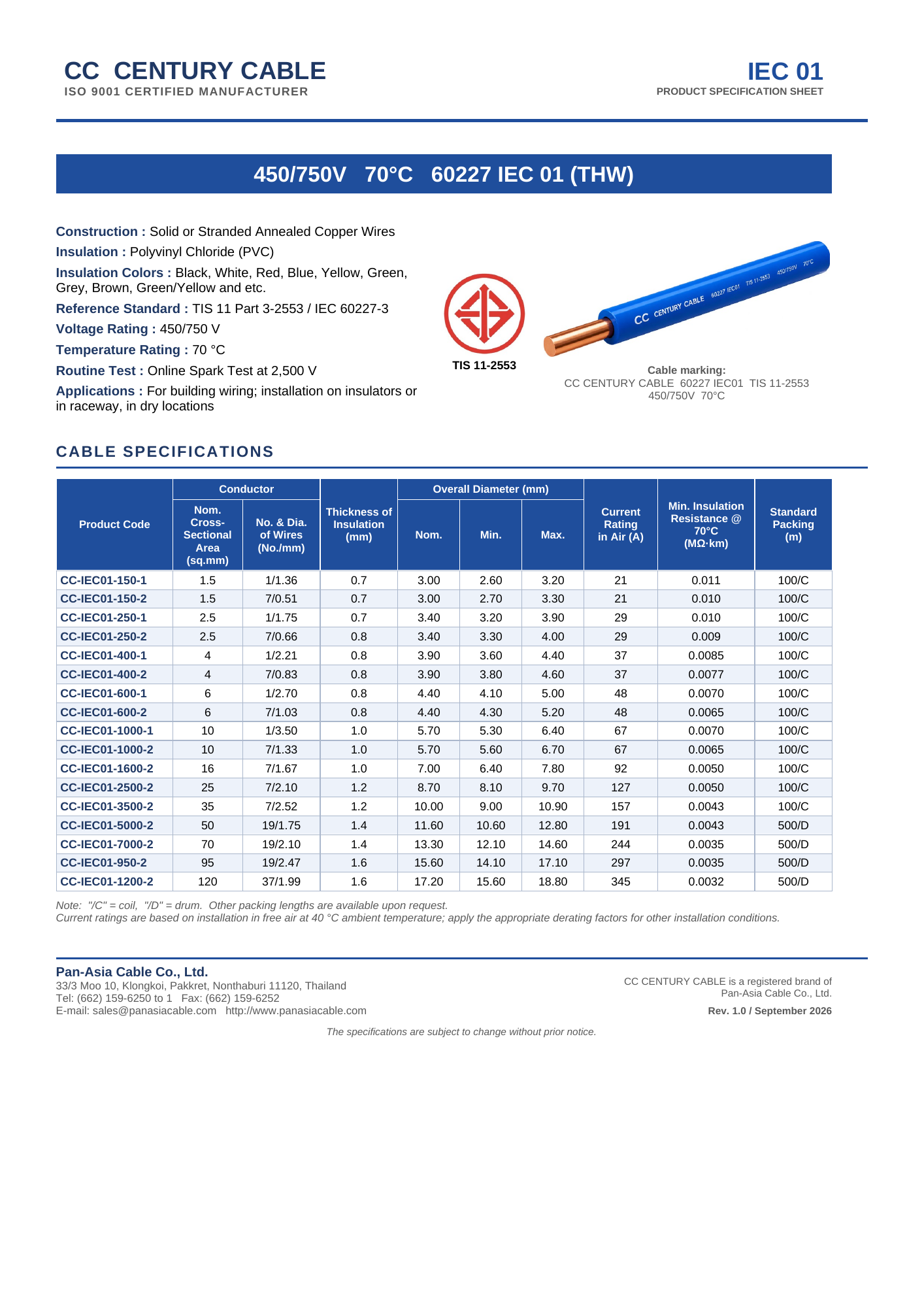 CC CENTURY CABLE IEC01 Specification Sheet