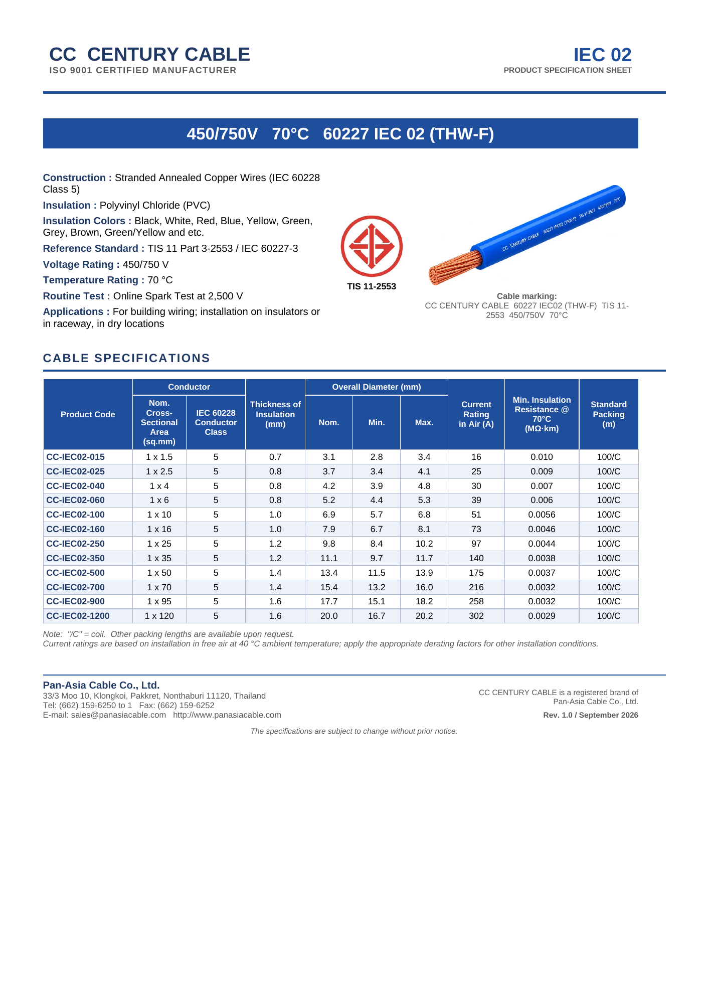 CC CENTURY CABLE IEC02 Specification Sheet