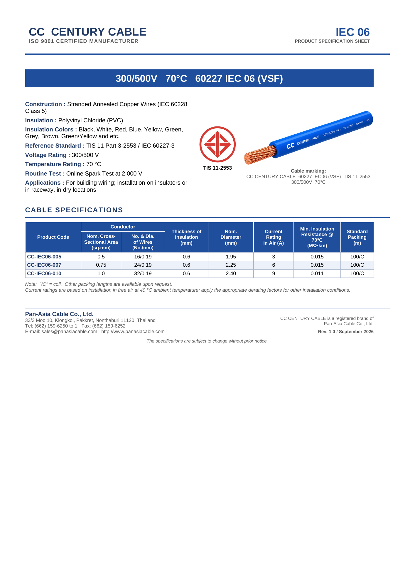 CC CENTURY CABLE IEC06 Specification Sheet