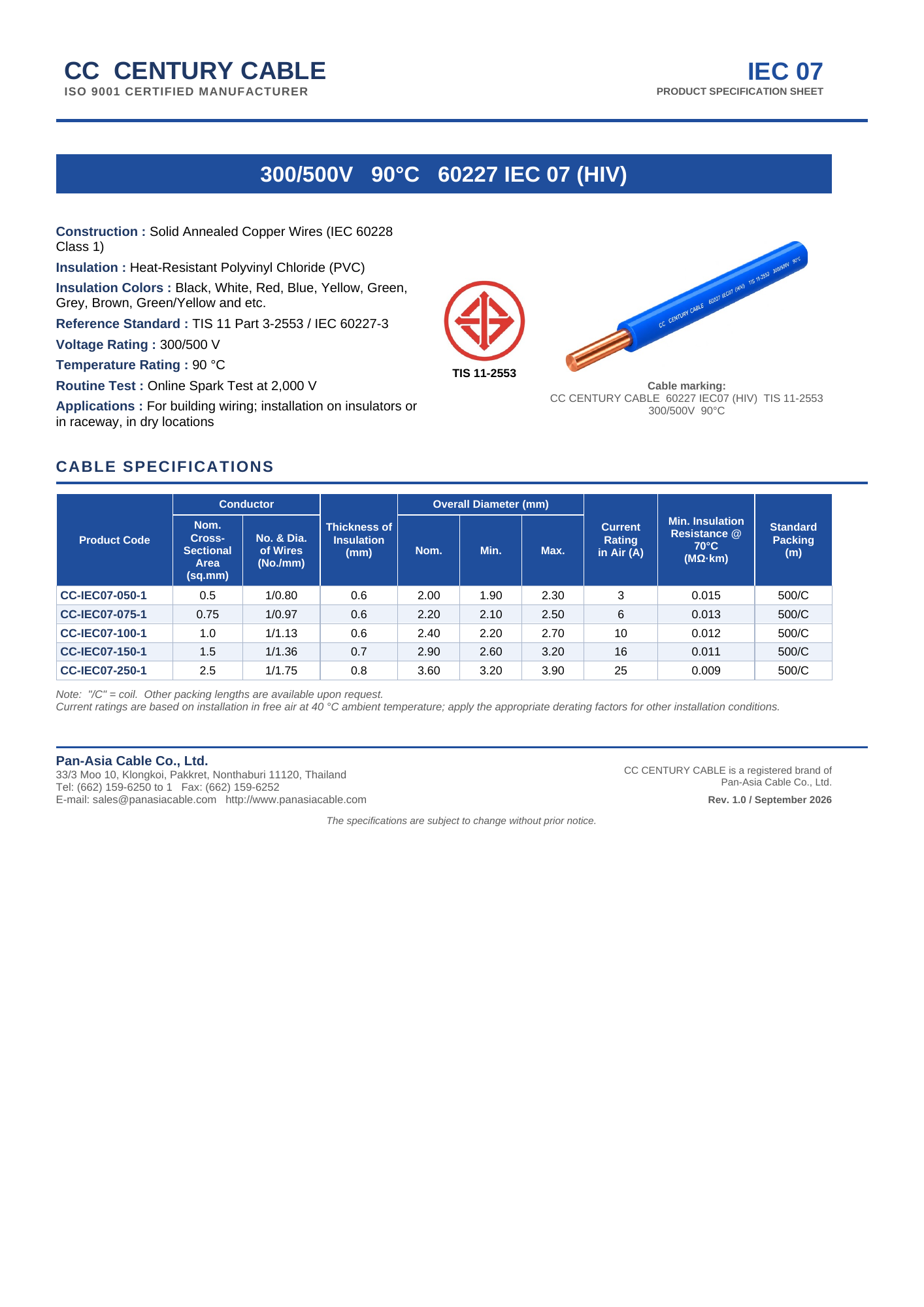CC CENTURY CABLE IEC07 Specification Sheet