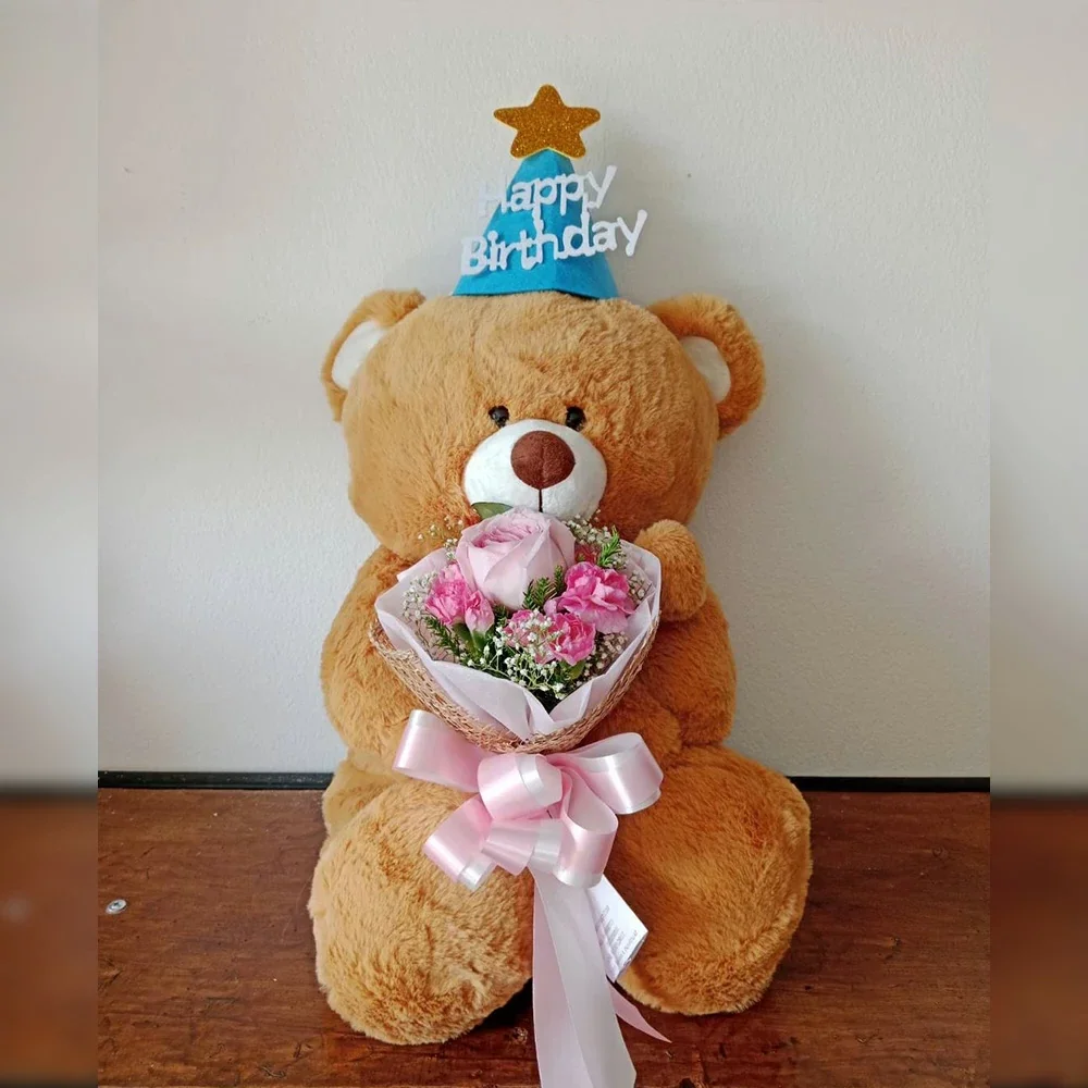 หมีน้ำตาลอุ้มดอกไม้ HBD.